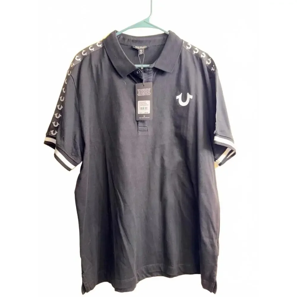 True‎ Religion Black TR Logo Trim Relaxed Polo Shirt Large New with Tags
